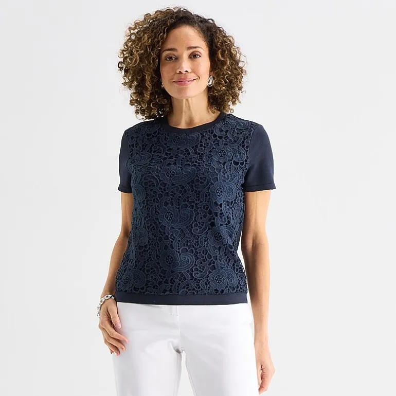 Liz Claiborne Lace Womens Crew Neck Short Sleeve Pullover Sweater