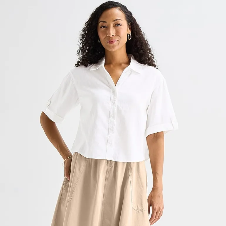 Liz Claiborne Linen Womens Short Sleeve Blouse