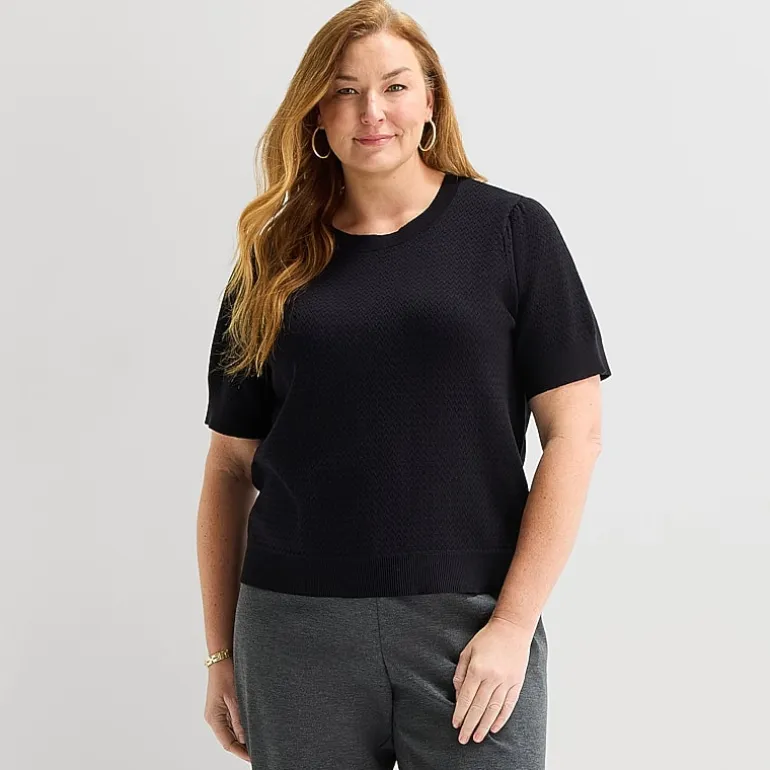 Liz Claiborne Plus Womens Crew Neck Short Sleeve Pullover Sweater