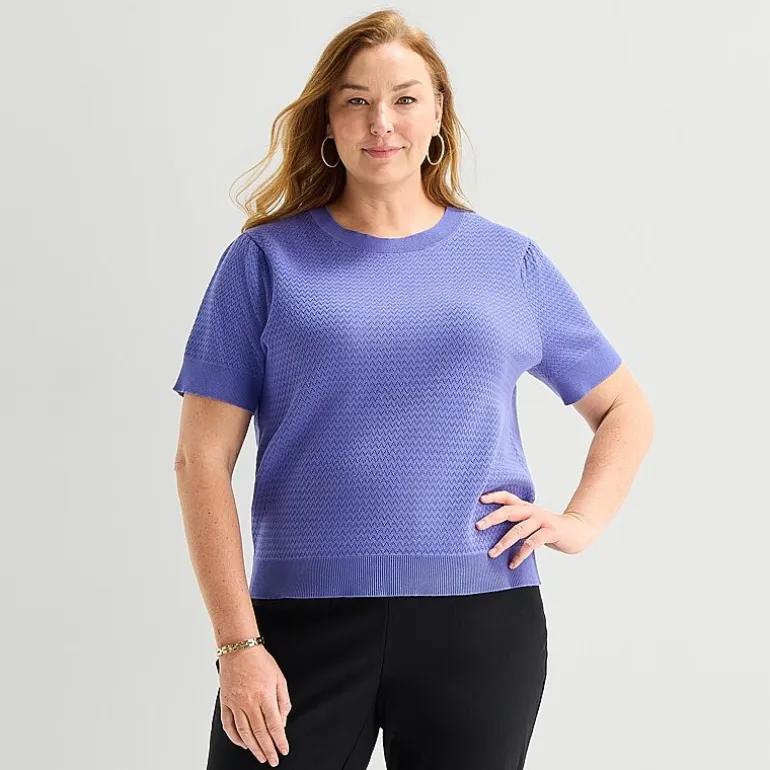 Liz Claiborne Plus Womens Crew Neck Short Sleeve Pullover Sweater