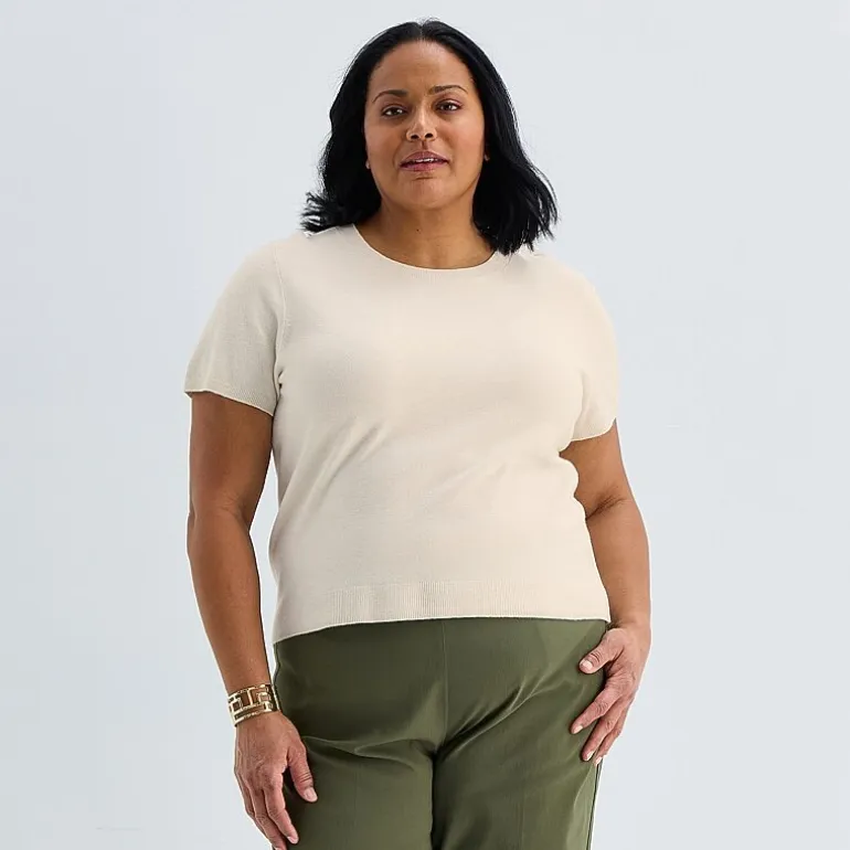 Liz Claiborne Plus Womens Crew Neck Short Sleeve Pullover Sweater