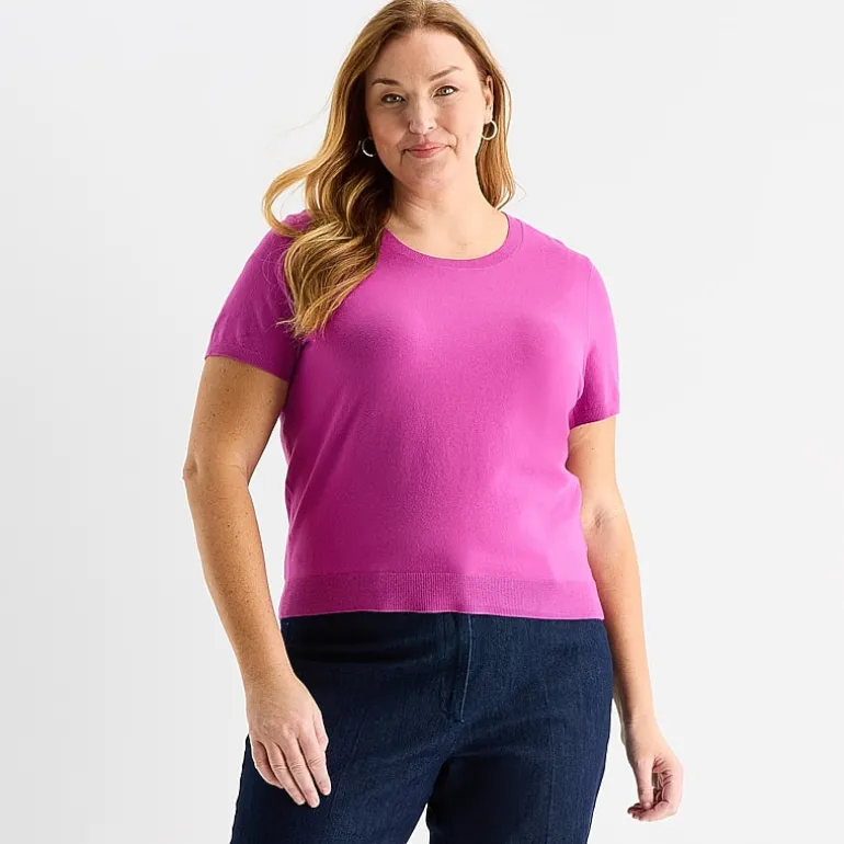 Liz Claiborne Plus Womens Crew Neck Short Sleeve Pullover Sweater