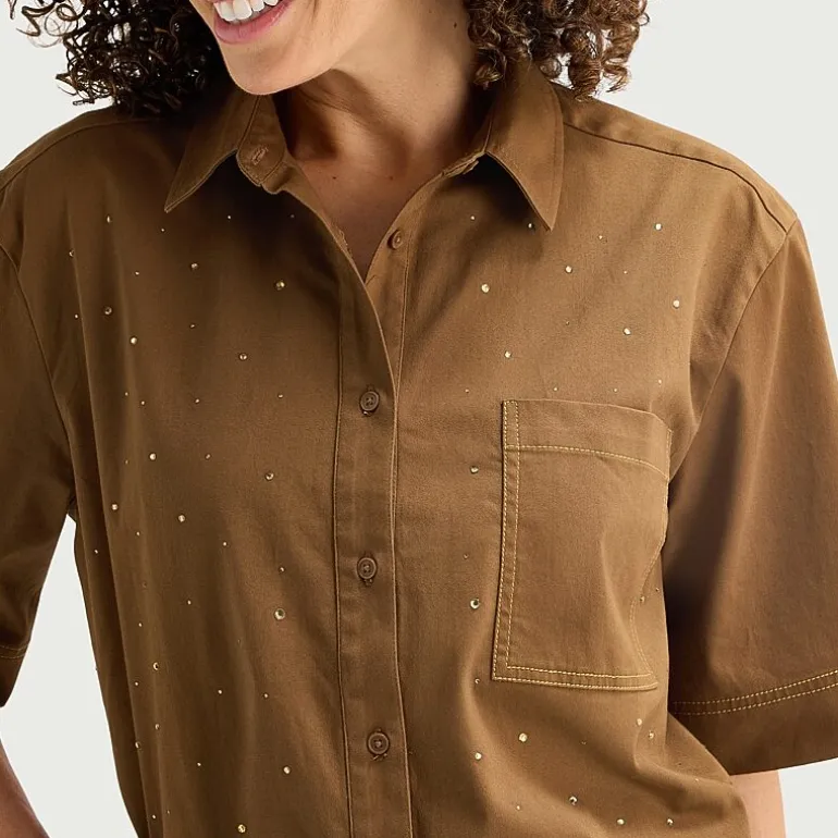 Liz Claiborne Studded Womens Short Sleeve Blouse