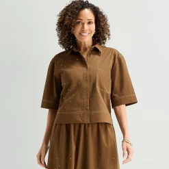 Liz Claiborne Studded Womens Short Sleeve Blouse