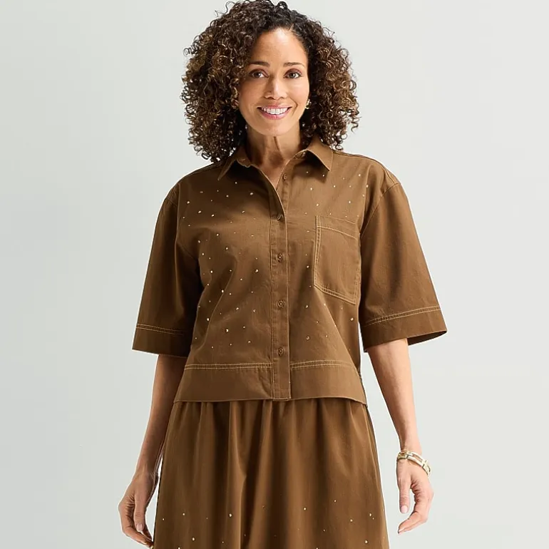 Liz Claiborne Studded Womens Short Sleeve Blouse