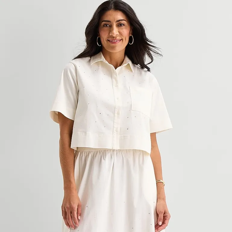 Liz Claiborne Studded Womens Short Sleeve Blouse
