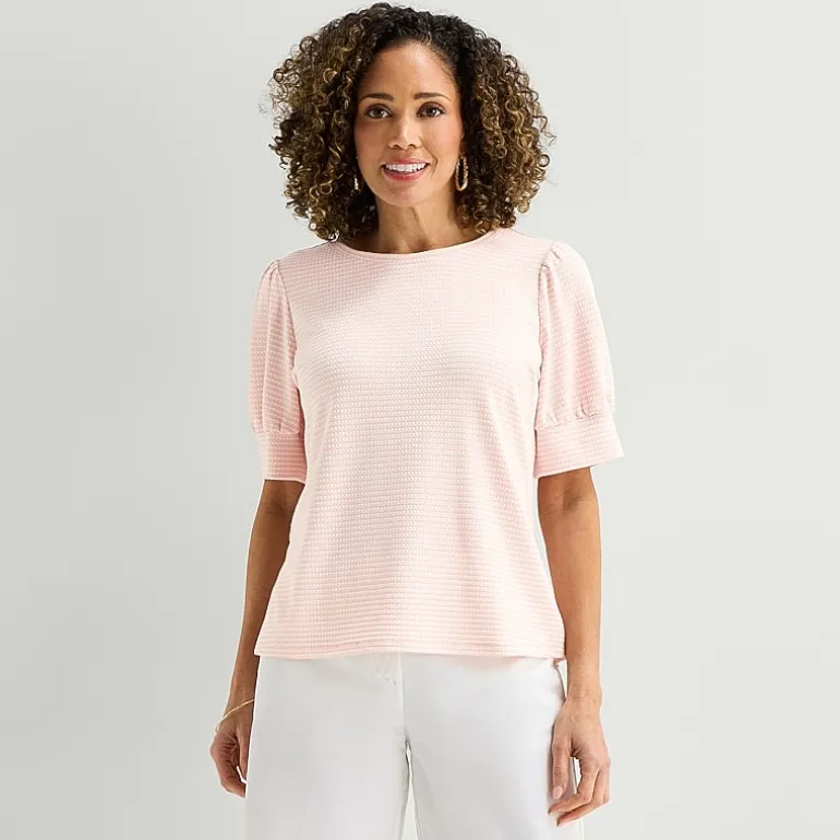 Liz Claiborne Textured Womens Crew Neck Short Sleeve Blouse