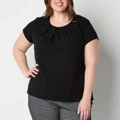 Liz Claiborne Texture Womens Plus Round Neck Short Sleeve Blouse