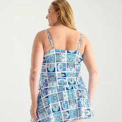 Liz Claiborne Womens Comfort Straps Shirred Patchwork Plus Tankini Swimsuit Top