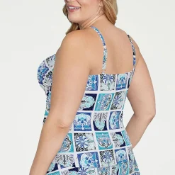Liz Claiborne Womens Comfort Straps Shirred Patchwork Plus Tankini Swimsuit Top