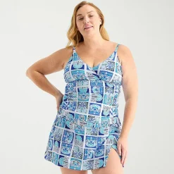 Liz Claiborne Womens Comfort Straps Shirred Patchwork Plus Tankini Swimsuit Top
