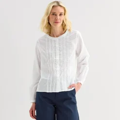 Liz Claiborne Womens Crew Neck Bishop Long Sleeve Regular Fit Button-Down Shirt
