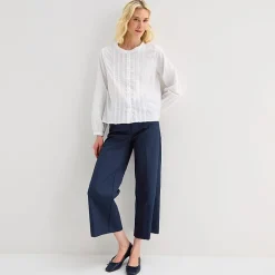 Liz Claiborne Womens Crew Neck Bishop Long Sleeve Regular Fit Button-Down Shirt