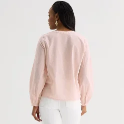 Liz Claiborne Womens Crew Neck Bishop Long Sleeve Regular Fit Button-Down Shirt