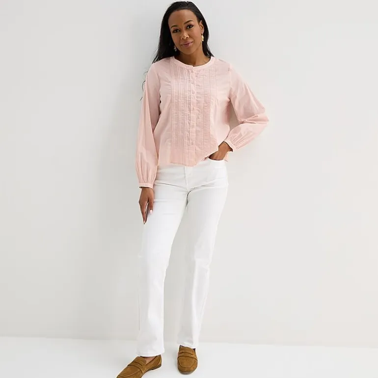 Liz Claiborne Womens Crew Neck Bishop Long Sleeve Regular Fit Button-Down Shirt