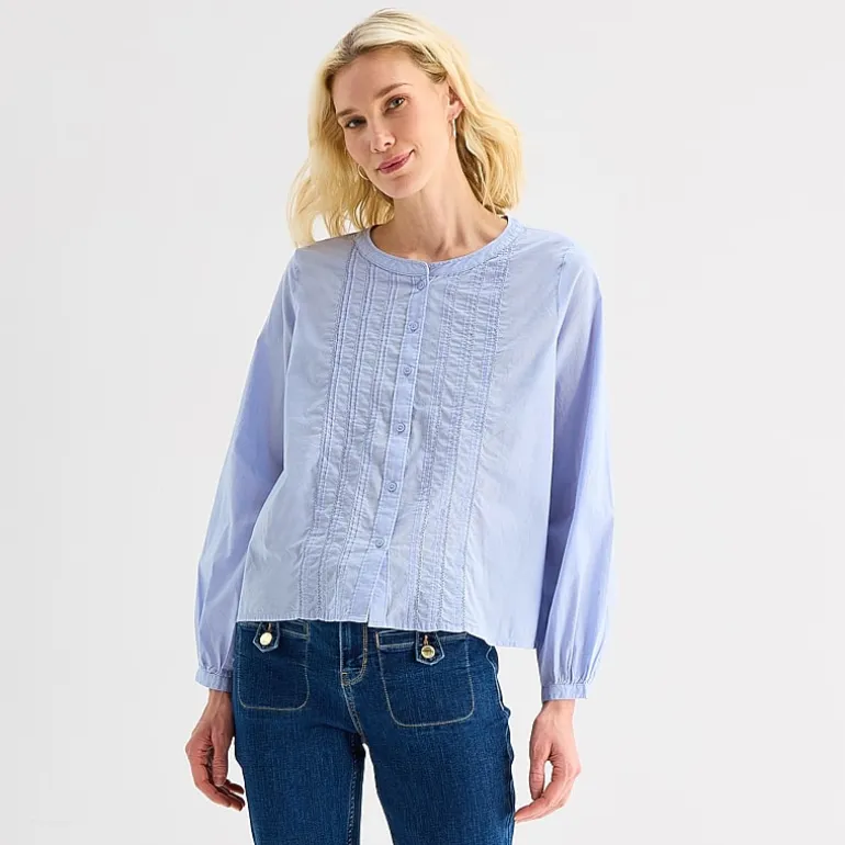 Liz Claiborne Womens Crew Neck Bishop Long Sleeve Regular Fit Button-Down Shirt