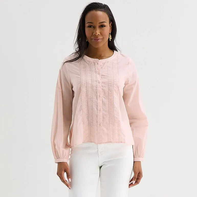 Liz Claiborne Womens Crew Neck Bishop Long Sleeve Regular Fit Button-Down Shirt