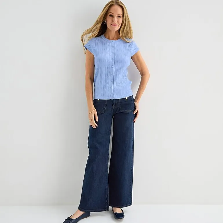 Liz Claiborne Womens Crew Neck Short Sleeve Button Cardigan