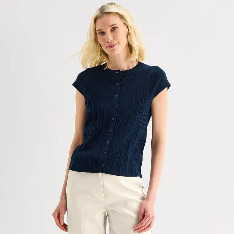 Liz Claiborne Womens Crew Neck Short Sleeve Button Cardigan