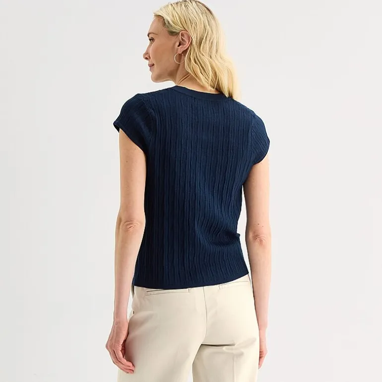 Liz Claiborne Womens Crew Neck Short Sleeve Button Cardigan