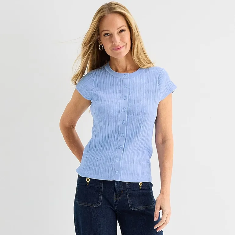 Liz Claiborne Womens Crew Neck Short Sleeve Button Cardigan