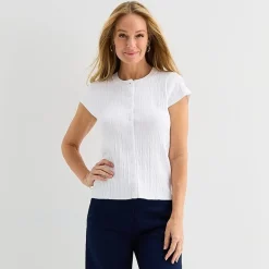 Liz Claiborne Womens Crew Neck Short Sleeve Button Cardigan