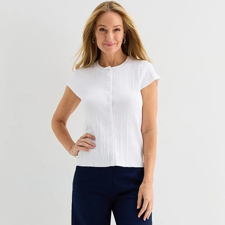 Liz Claiborne Womens Crew Neck Short Sleeve Button Cardigan
