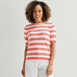 Liz Claiborne Womens Crew Neck Short Sleeve Striped Pullover Sweater
