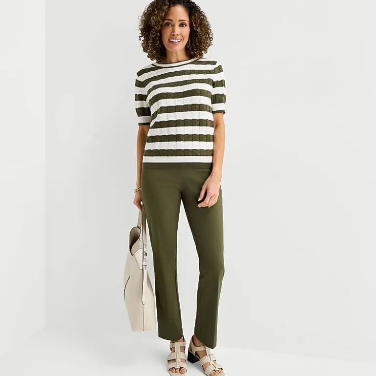 Liz Claiborne Womens Crew Neck Short Sleeve Striped Pullover Sweater