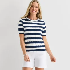 Liz Claiborne Womens Crew Neck Short Sleeve Striped Pullover Sweater