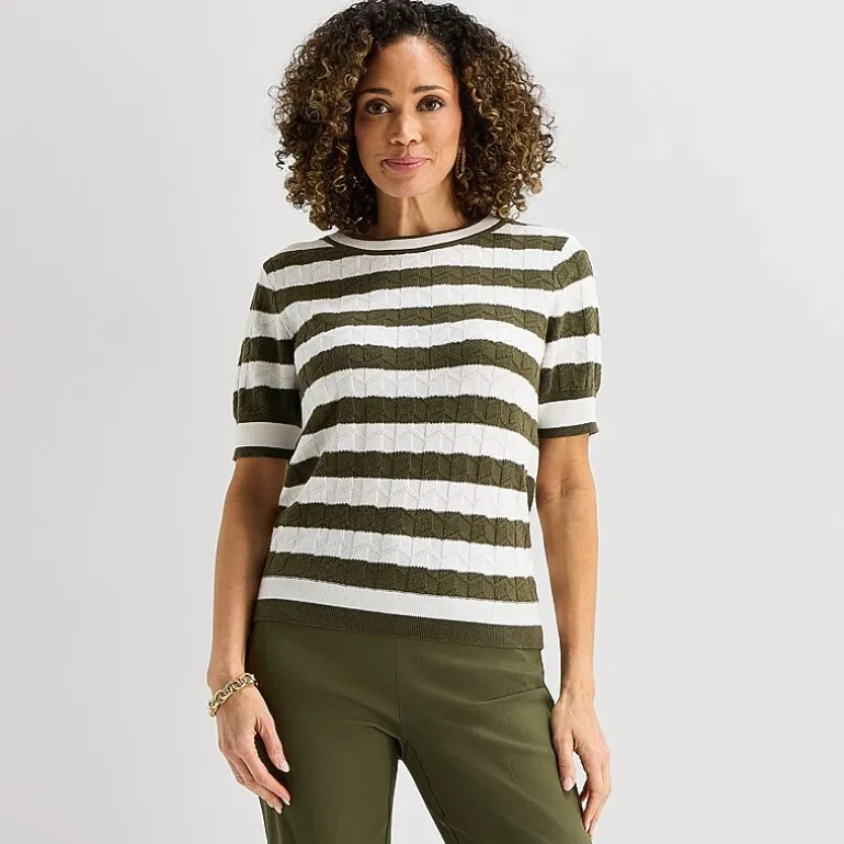 Liz Claiborne Womens Crew Neck Short Sleeve Striped Pullover Sweater