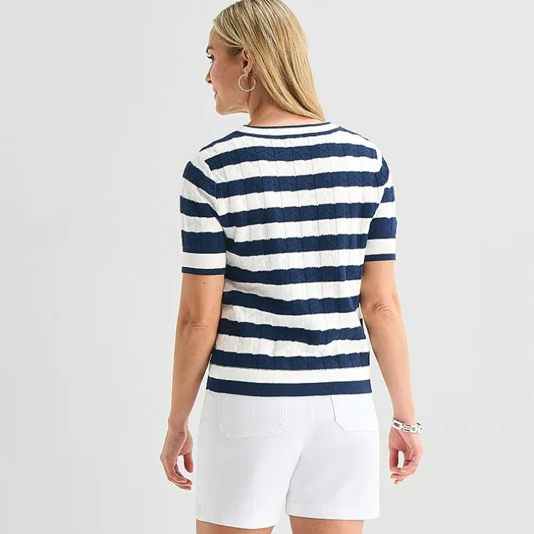 Liz Claiborne Womens Crew Neck Short Sleeve Striped Pullover Sweater