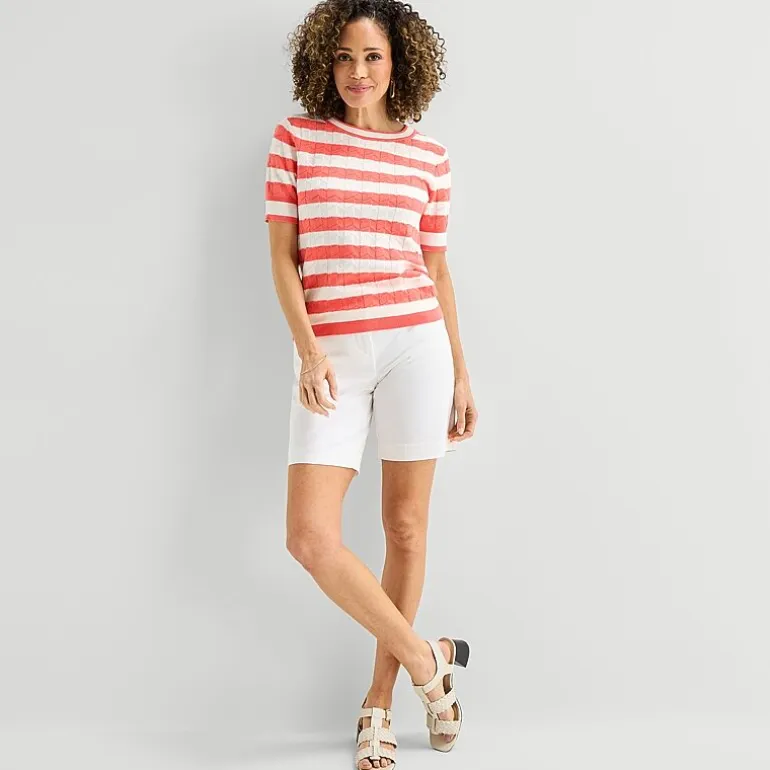 Liz Claiborne Womens Crew Neck Short Sleeve Striped Pullover Sweater
