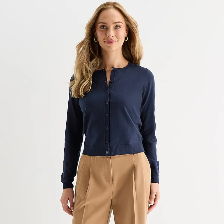 Liz Claiborne Womens Crew Neck Long Sleeve Button Cardigan