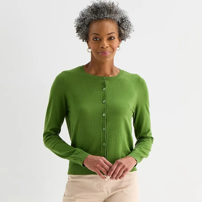 Liz Claiborne Womens Crew Neck Long Sleeve Button Cardigan
