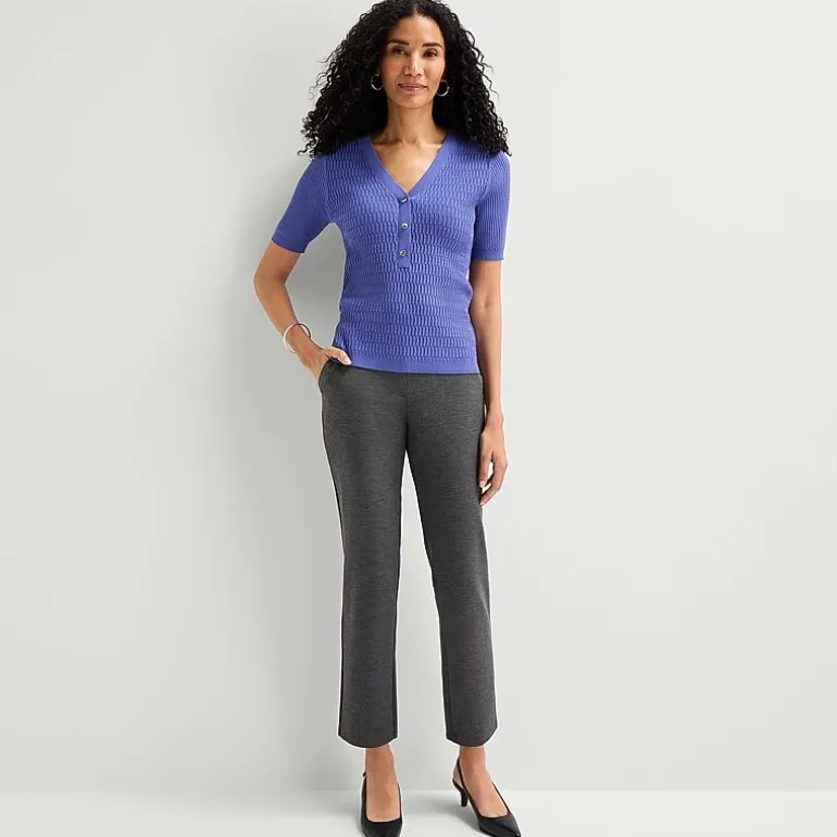 Liz Claiborne Womens Henley Neck Short Sleeve Pullover Sweater