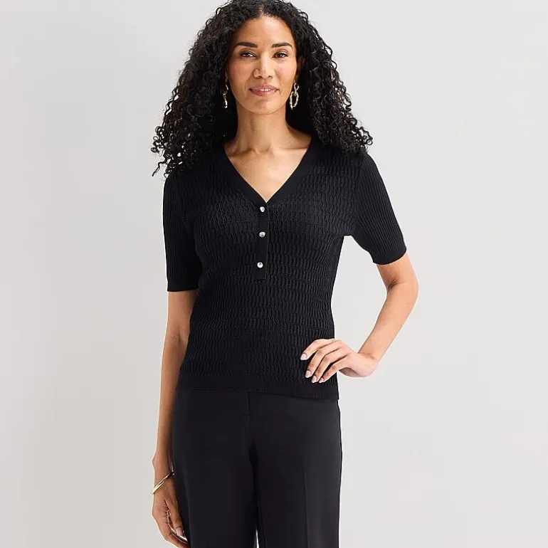 Liz Claiborne Womens Henley Neck Short Sleeve Pullover Sweater