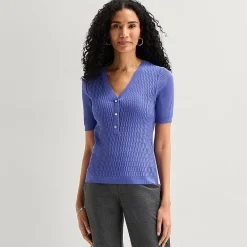 Liz Claiborne Womens Henley Neck Short Sleeve Pullover Sweater