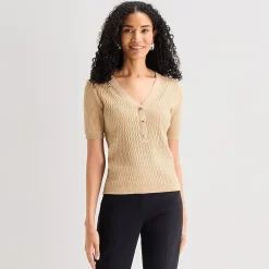 Liz Claiborne Womens Henley Neck Short Sleeve Pullover Sweater