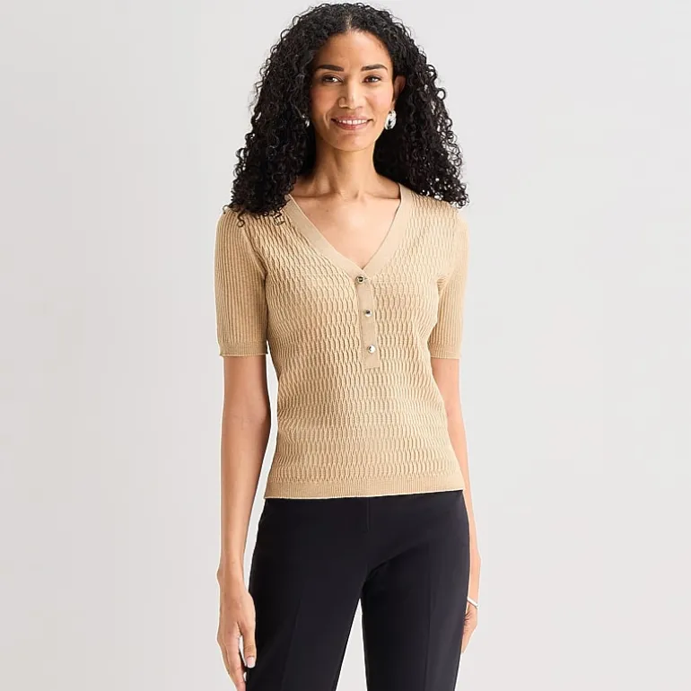 Liz Claiborne Womens Henley Neck Short Sleeve Pullover Sweater
