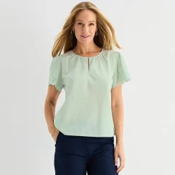 Liz Claiborne Womens Keyhole Neck Short Sleeve Embroidered Blouse
