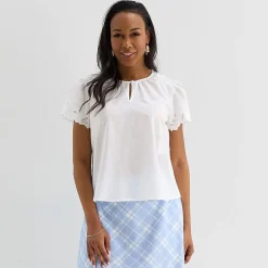 Liz Claiborne Womens Keyhole Neck Short Sleeve Embroidered Blouse