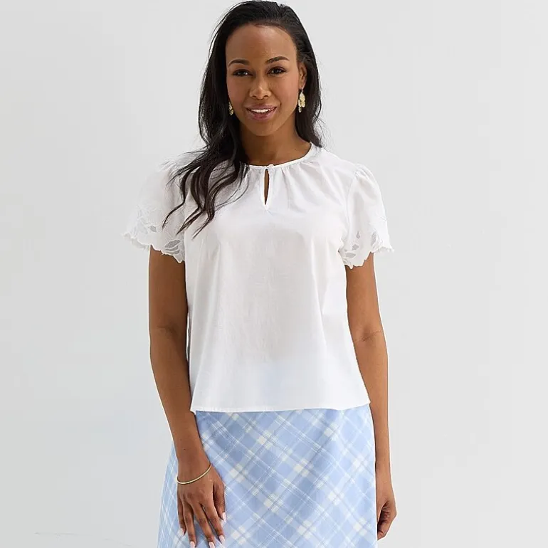 Liz Claiborne Womens Keyhole Neck Short Sleeve Embroidered Blouse
