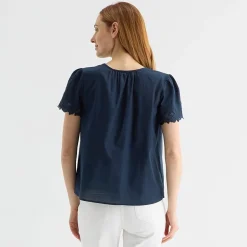 Liz Claiborne Womens Keyhole Neck Short Sleeve Embroidered Blouse