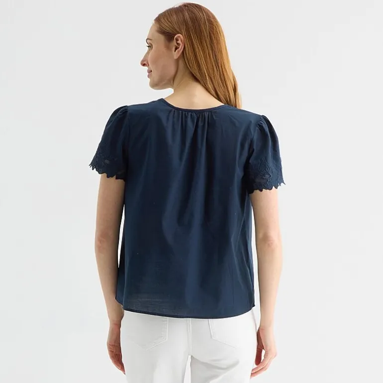 Liz Claiborne Womens Keyhole Neck Short Sleeve Embroidered Blouse