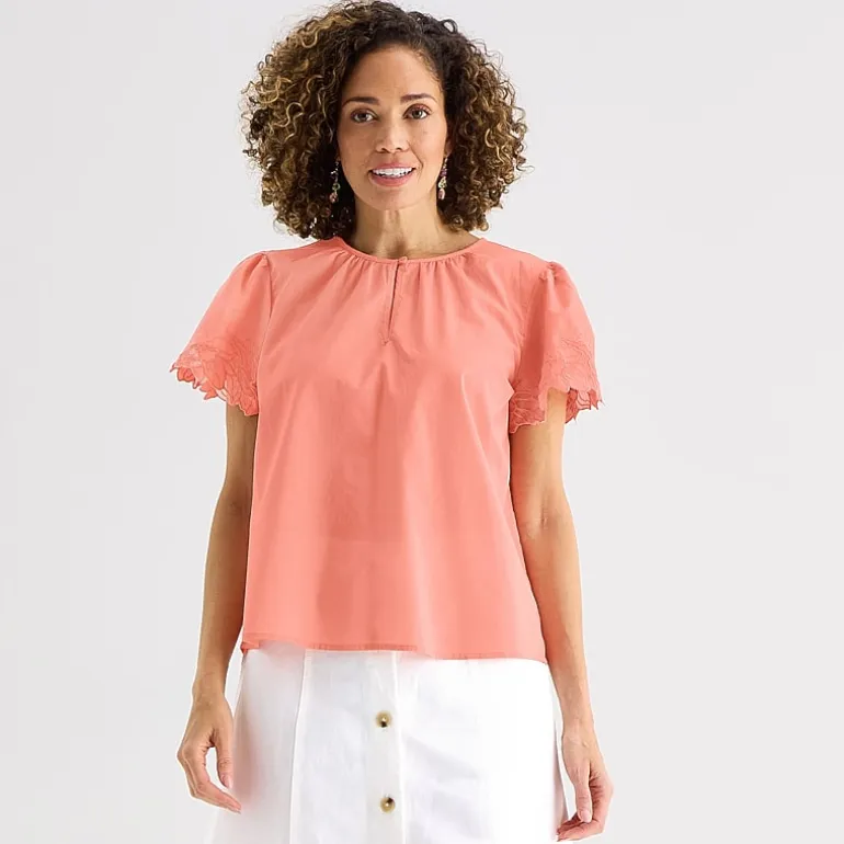 Liz Claiborne Womens Keyhole Neck Short Sleeve Embroidered Blouse