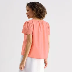 Liz Claiborne Womens Keyhole Neck Short Sleeve Embroidered Blouse