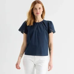 Liz Claiborne Womens Keyhole Neck Short Sleeve Embroidered Blouse