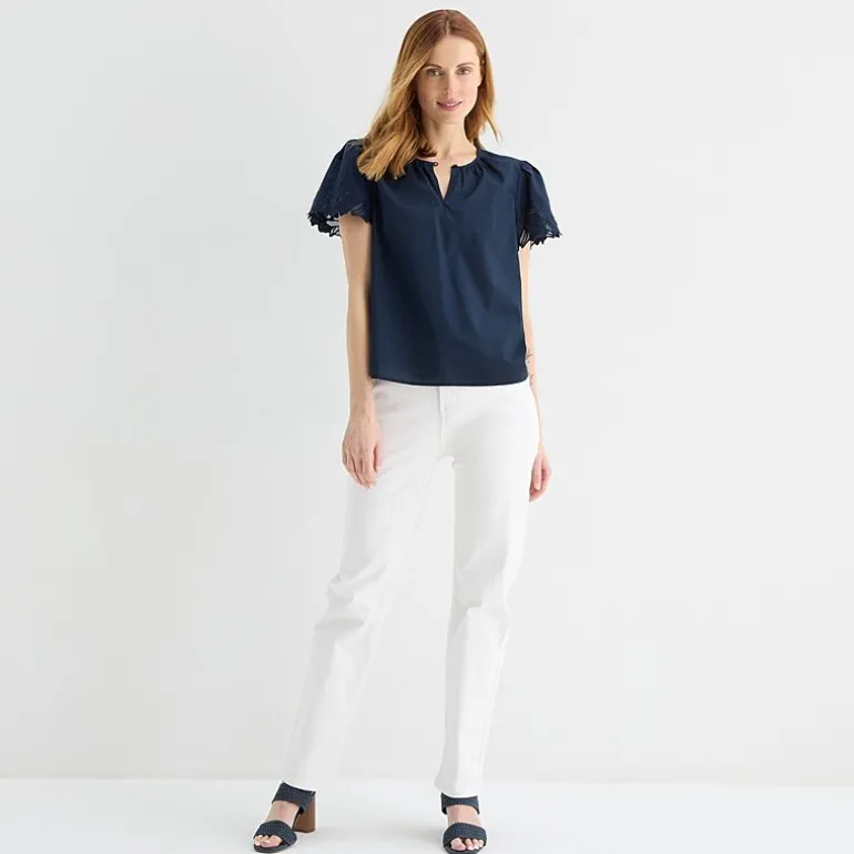 Liz Claiborne Womens Keyhole Neck Short Sleeve Embroidered Blouse
