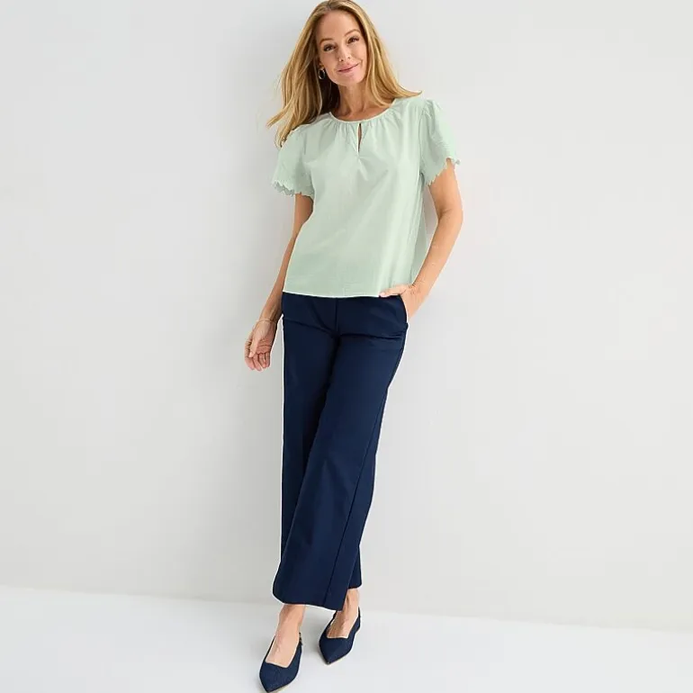 Liz Claiborne Womens Keyhole Neck Short Sleeve Embroidered Blouse